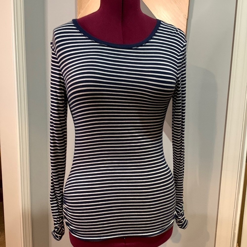Navy and white striped button detailing long sleeve shirt